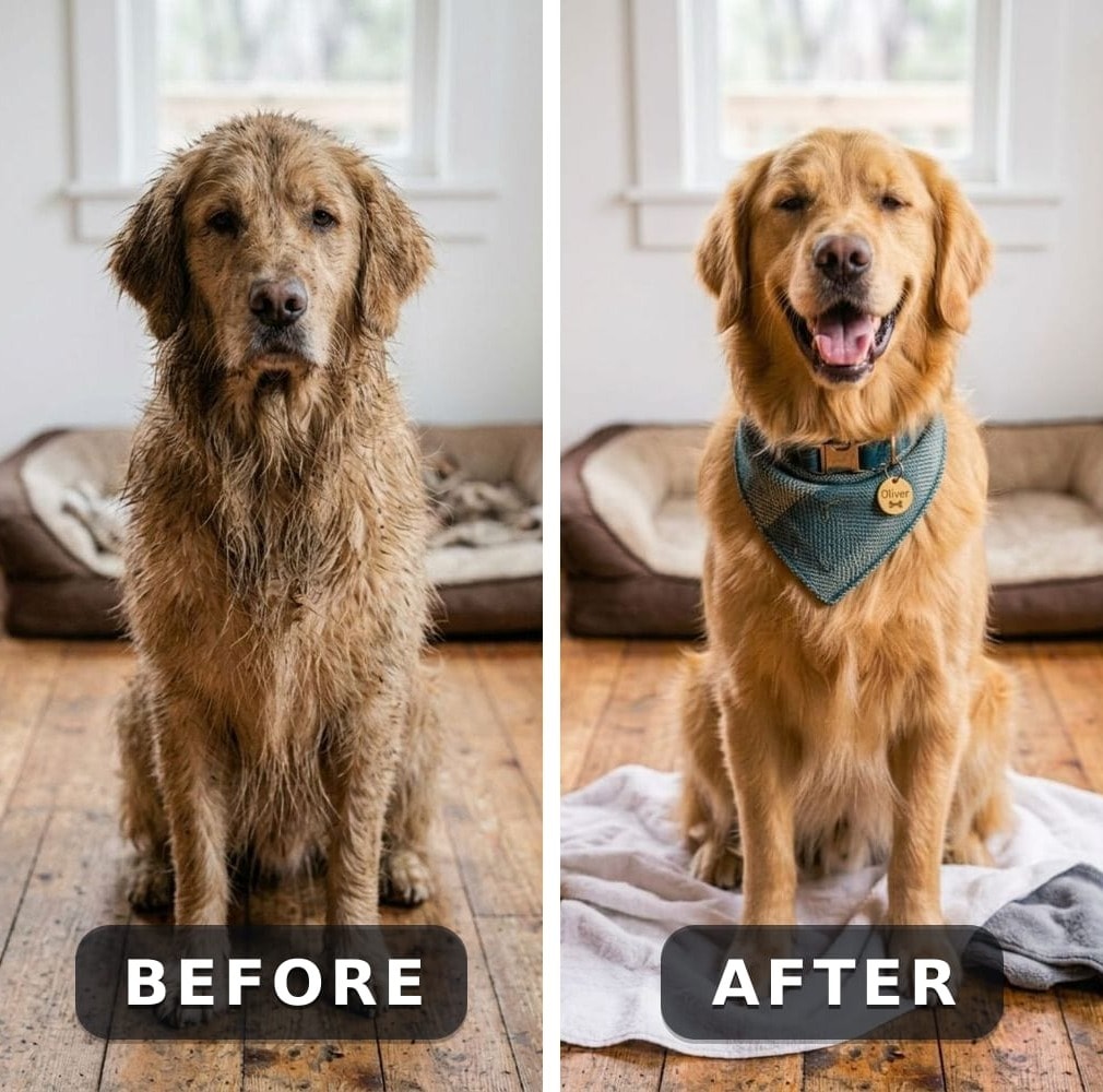 Oliver, a golden retriever, before and after grooming