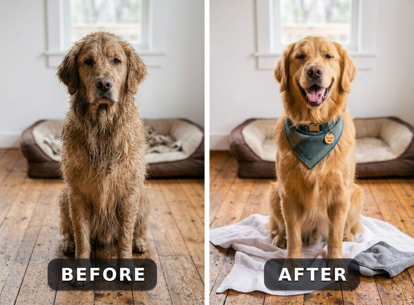 Oliver, a golden retriever, before and after grooming