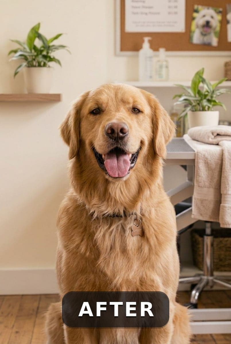 Bella, a golden retriever, after her visit